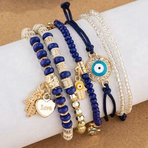 3for$20 NEW 6 pack Eye Detail Hamsa Hand & Heart Charm Beaded Bracelet Womens